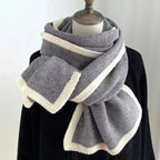 Modern contrast trim winter scarf by Plush Fashion Hub, featuring soft, warm fabric and stylish edge detailing for cold weather.