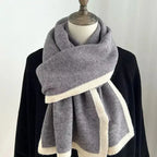 Plush Fashion Hub modern winter scarf with contrast trim, soft and warm cold weather accessory for stylish winter wear.