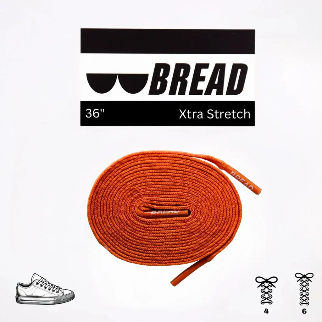 Coral orange elastic shoelace by Bread, showing the flexible, vibrant laces with a close-up of the textured material.