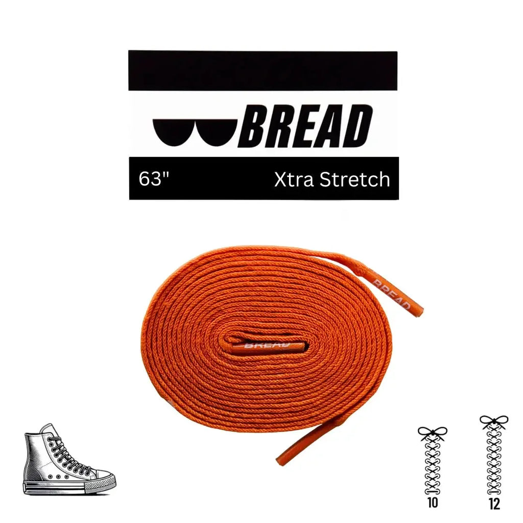 Coral orange elastic shoelace by Bread, showing flexible, vibrant shoelace material with metal aglets for easy lacing.