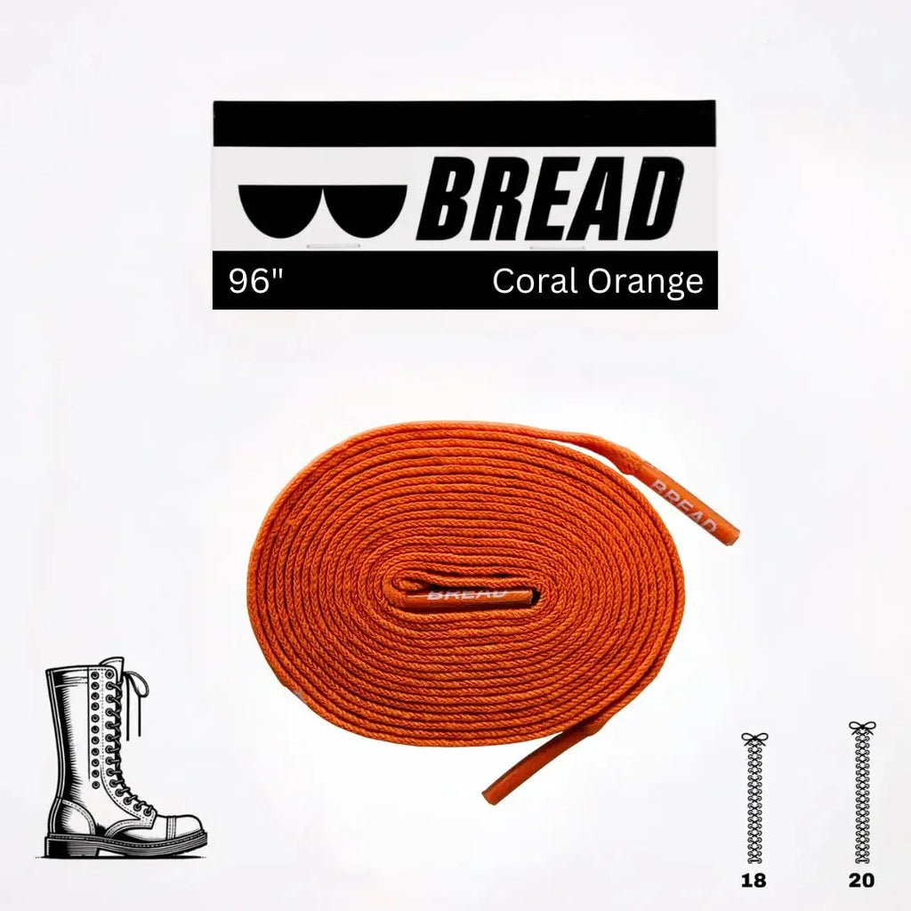 Coral orange elastic shoelace by Bread, showing flexible, vibrant shoelace with metal aglets and textured surface.