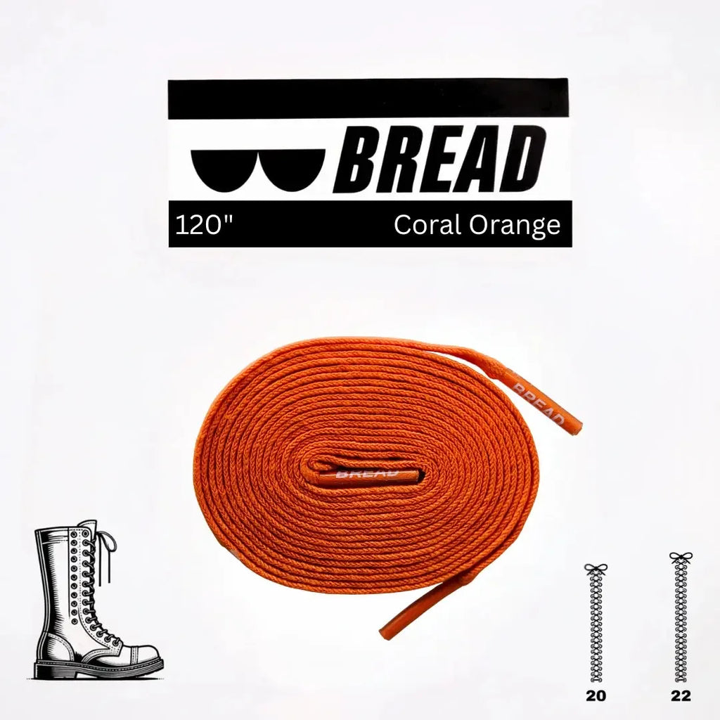 Bright coral orange elastic shoelace by Bread, showing a close-up of the flexible, stretchy laces designed for easy wear.