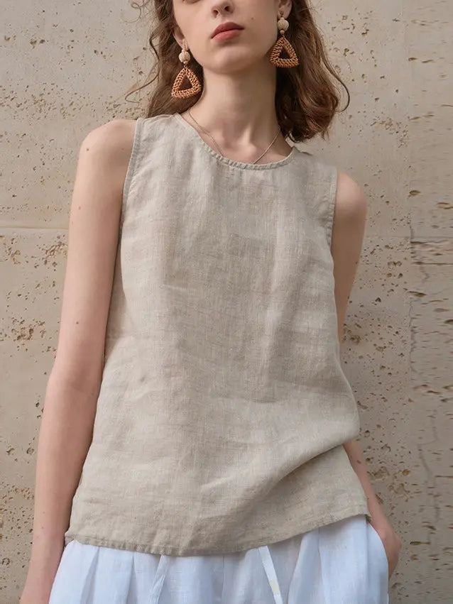 Crew Neck Linen Sleeveless Tank Top Plush Fashion Hub