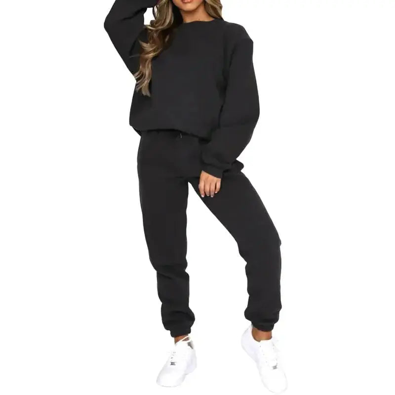 Women’s fleece-lined crew neck sweatshirt and sweatpants loungewear set by Plush Fashion Hub, casual and comfortable two-piece outfit.