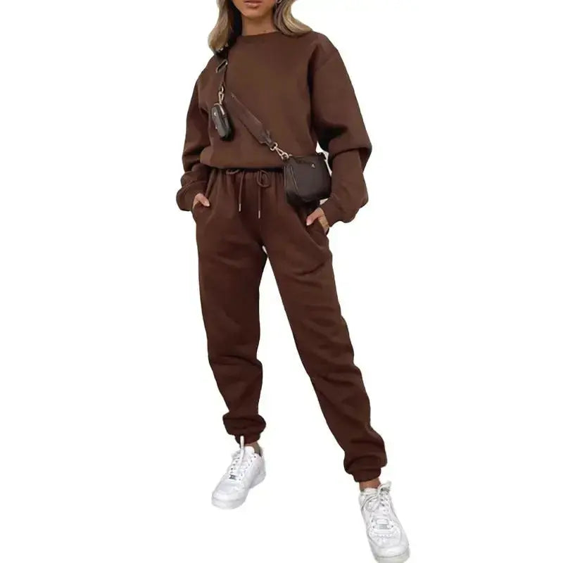 Women’s fleece-lined crew neck sweatshirt and sweatpants loungewear set by Plush Fashion Hub, casual cozy knit ensemble.