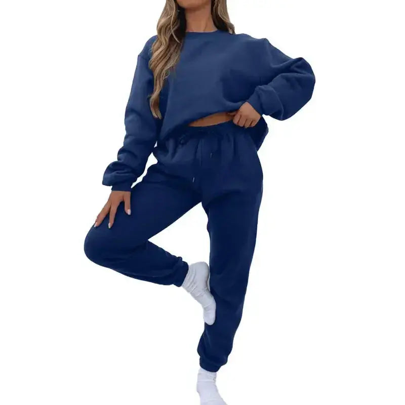 Women’s fleece-lined crew neck sweatshirt and sweatpants loungewear set by Plush Fashion Hub, casual two-piece sweater and pants.