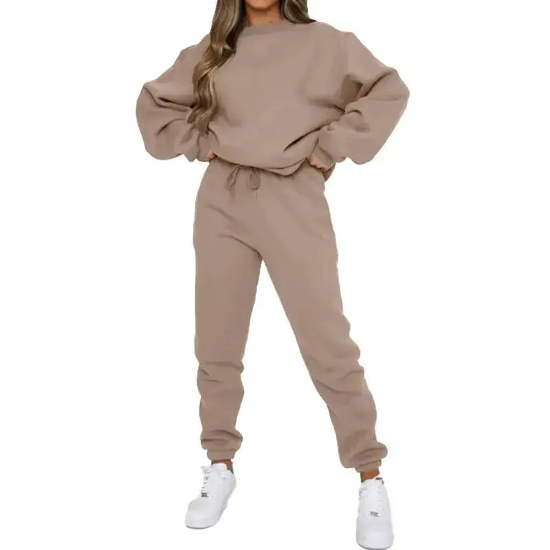 Women’s fleece-lined crew neck sweatshirt and sweatpants loungewear set by Plush Fashion Hub, casual cozy two-piece outfit.