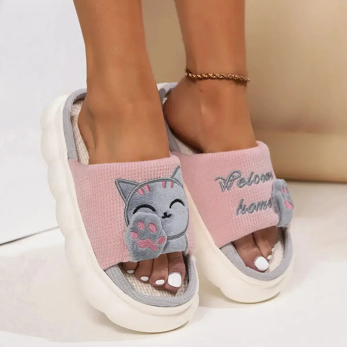 Cute cartoon kitten plush slippers for women by Plush Fashion Hub, soft indoor footwear with comfortable and cozy design.