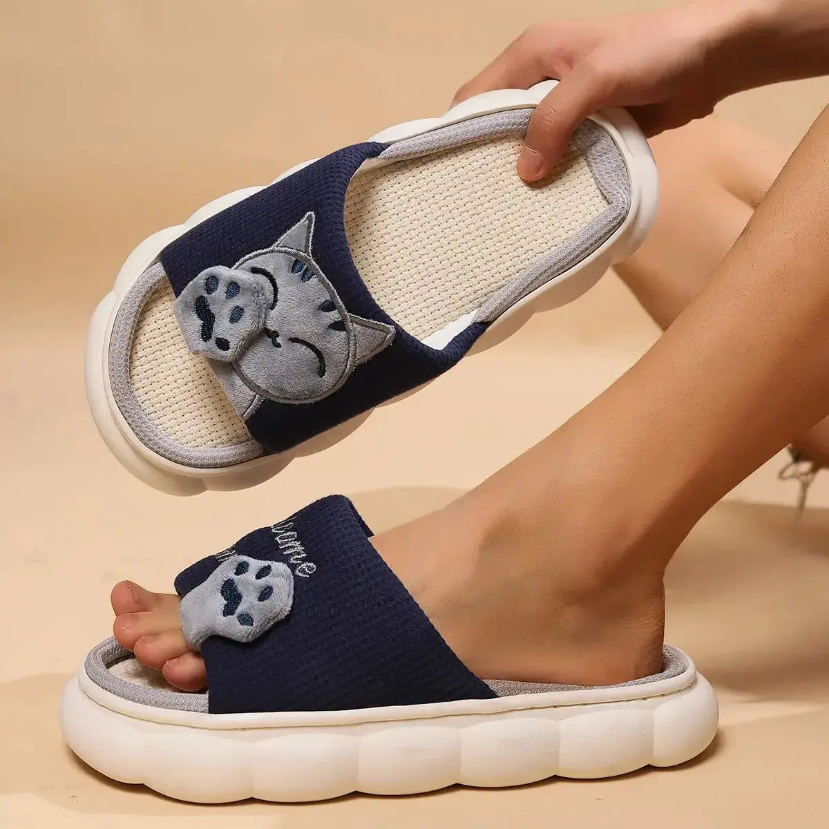 Cute cartoon kitten plush slippers for women from Plush Fashion Hub, soft indoor footwear with cozy comfort and playful design.
