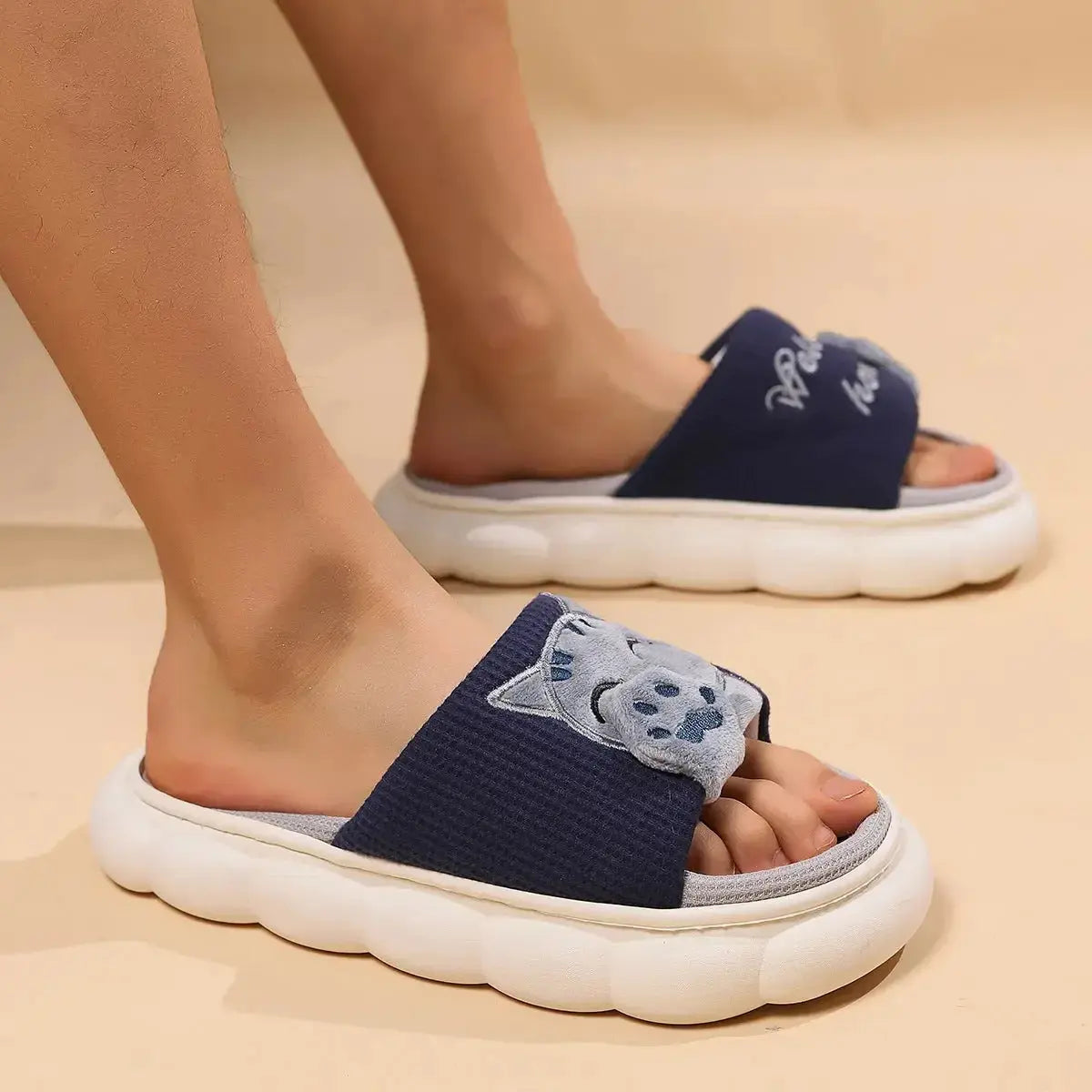 Cute cartoon kitten plush slippers for women by Plush Fashion Hub, soft indoor footwear with cozy comfort and playful design.