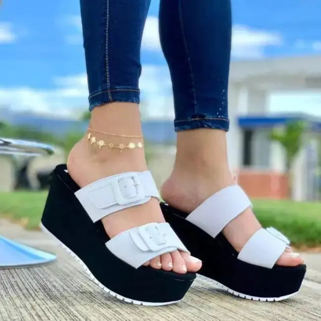 Women wedge heel platform slippers with belt buckle featuring open-toe design and comfortable straps, stylish for casual wear.