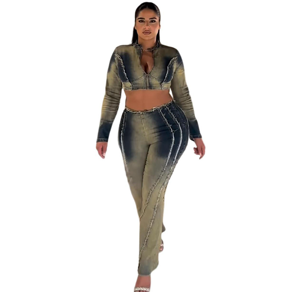 Women's Denim Set Street Dye Long Sleeve Top Fringe Jeans Pants