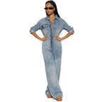 Women's Long Sleeve Button-Front Denim Jumpsuit