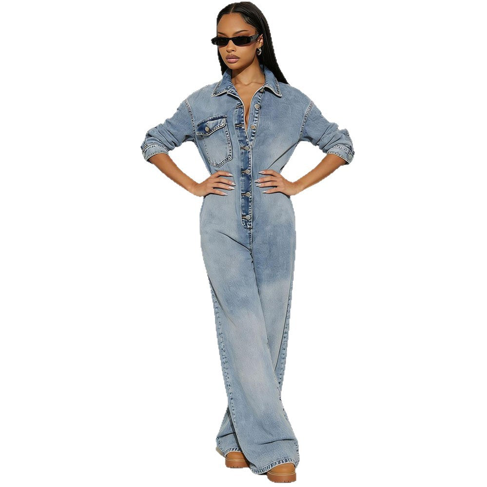 Women's long sleeve denim jumpsuit with button-front closure by Plush Fashion Hub, shown in a casual, stylish fit.