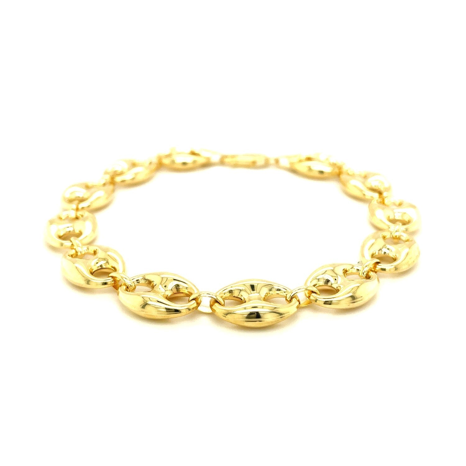 14k yellow gold puffed mariner link bracelet with 11.0mm links, showcasing a luxurious and elegant jewelry design.