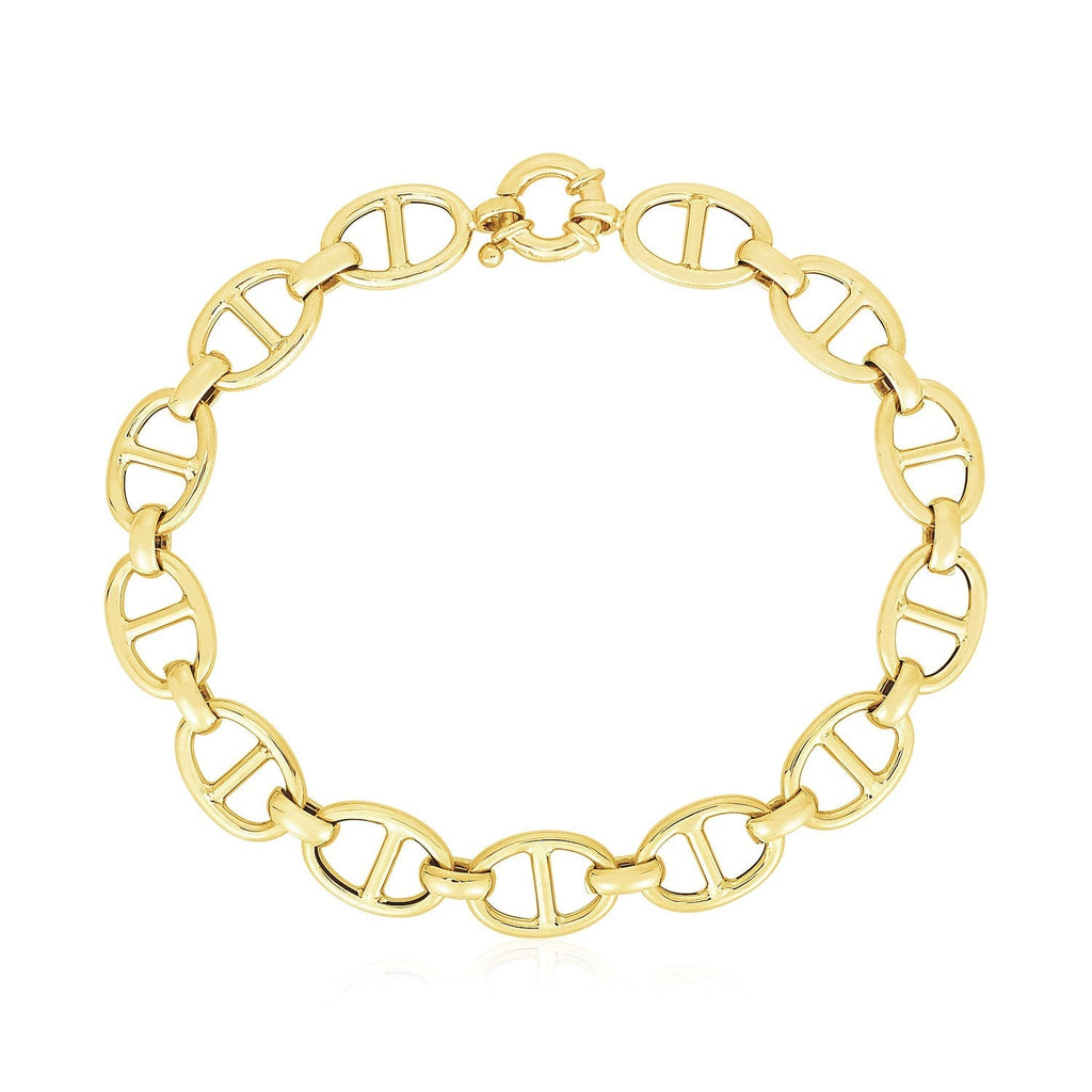 14k yellow gold high polish Mariner link bracelet with 8.8mm width, featuring polished interlocking chain links.