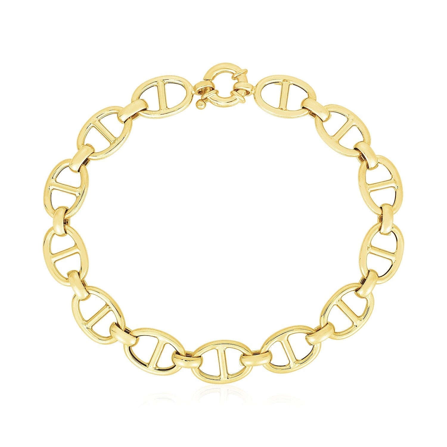 14k yellow gold high polish Mariner link bracelet with 8.8mm width, featuring polished interlocking chain links.