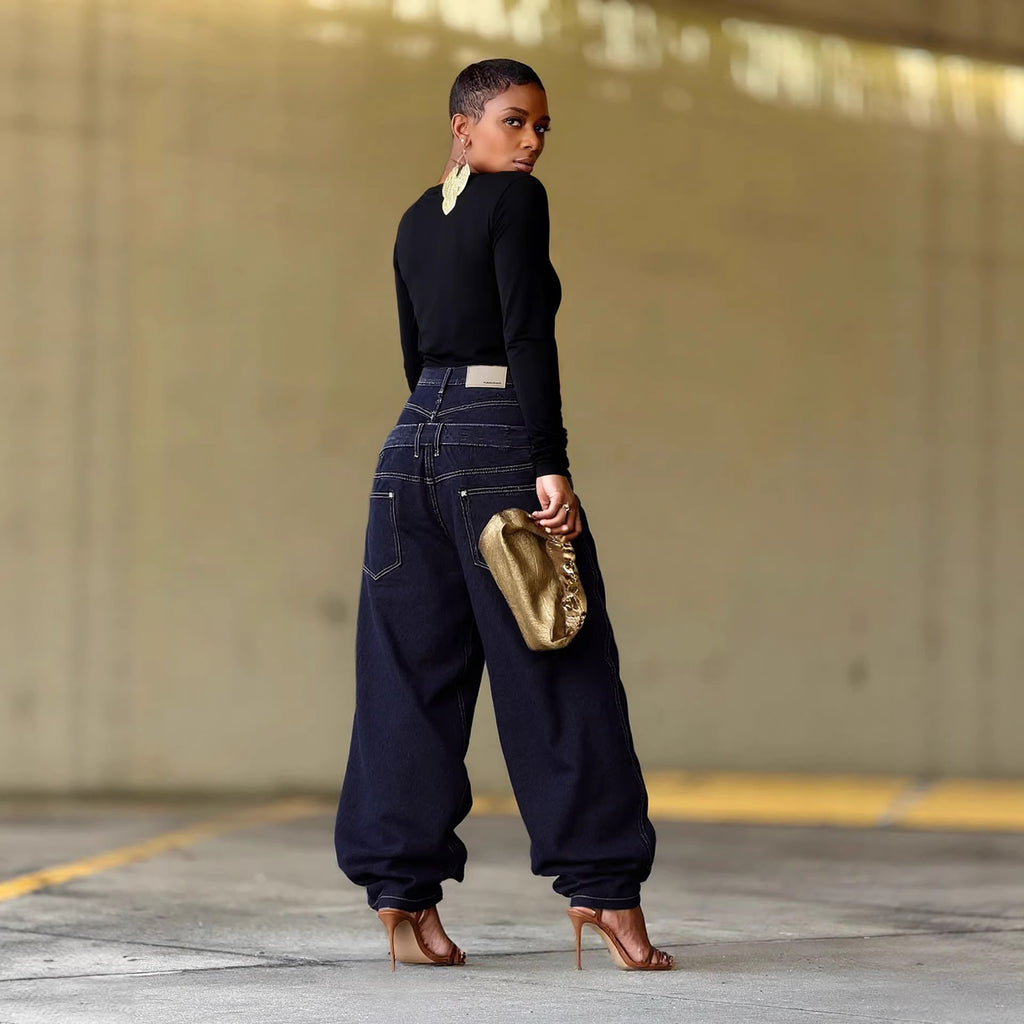 NewDouble Waistband Rivet Spliced Denim Pants