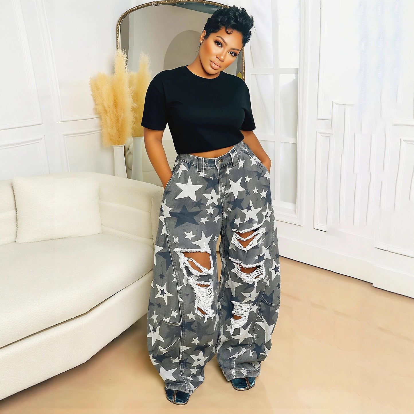 Distressed camo star print boyfriend jeans by eprolo featuring a relaxed fit and rugged, stylish design.