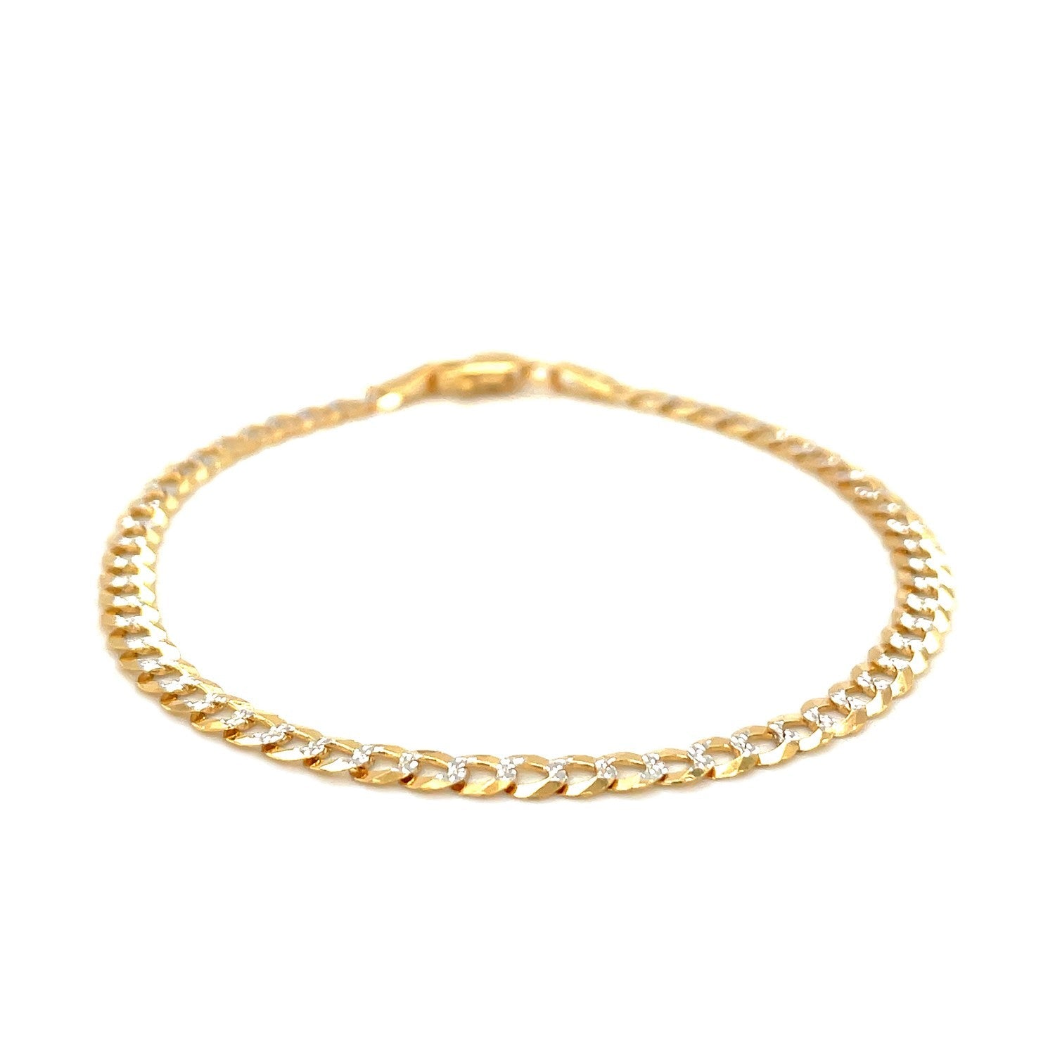 14k two-tone gold pave curb bracelet with detailed links, showcasing elegant craftsmanship and shiny finish.