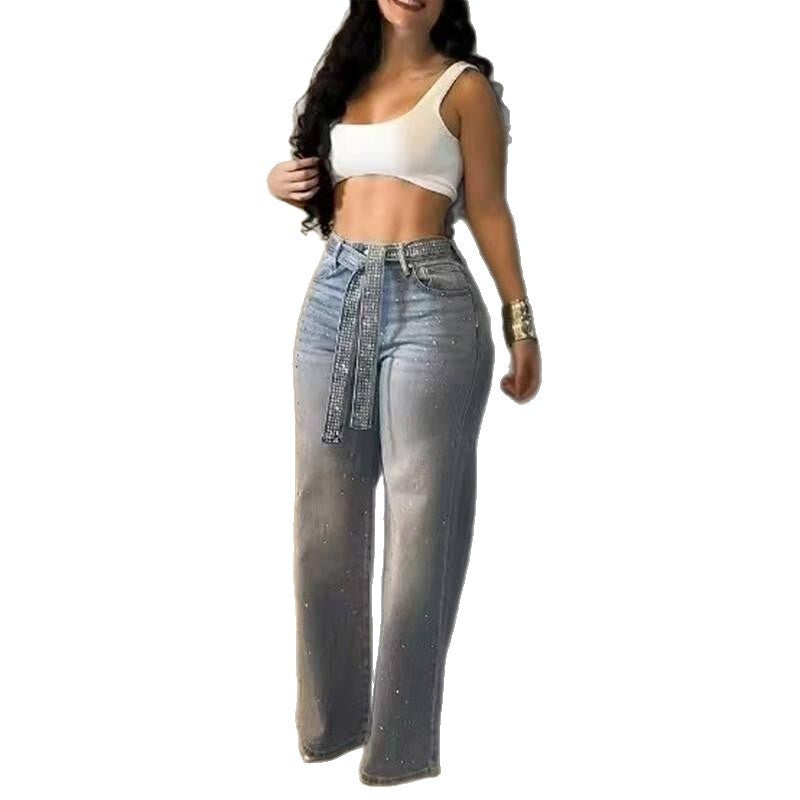 Rhinestone embellished high-waisted wide-leg jeans from Plush Fashion Hub, featuring sparkling details and a relaxed fit.