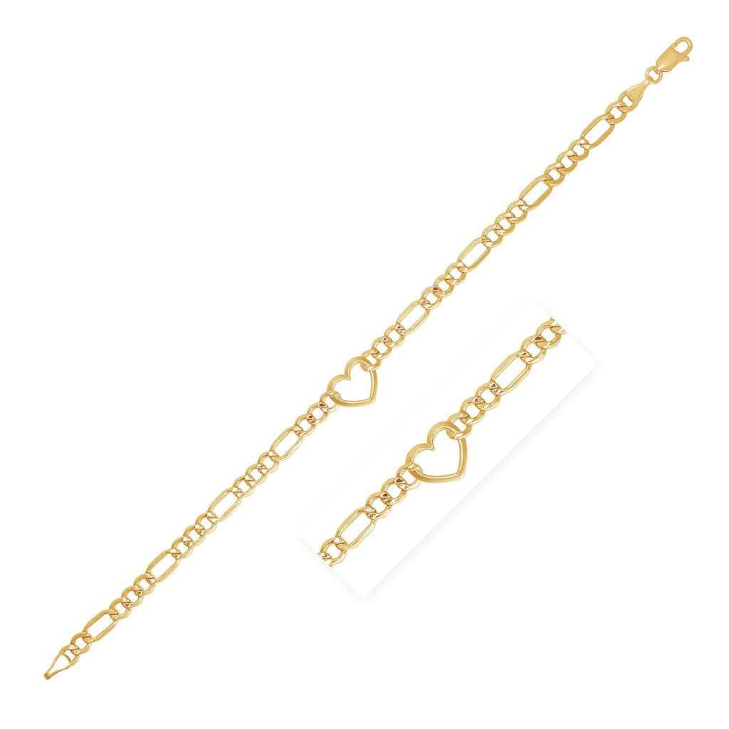 14k yellow gold 7-inch Figaro chain bracelet with heart charm, elegant jewelry accessory featuring a classic design