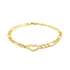 14k yellow gold Figaro chain bracelet with heart charm, 7-inch length, elegant jewelry accessory.