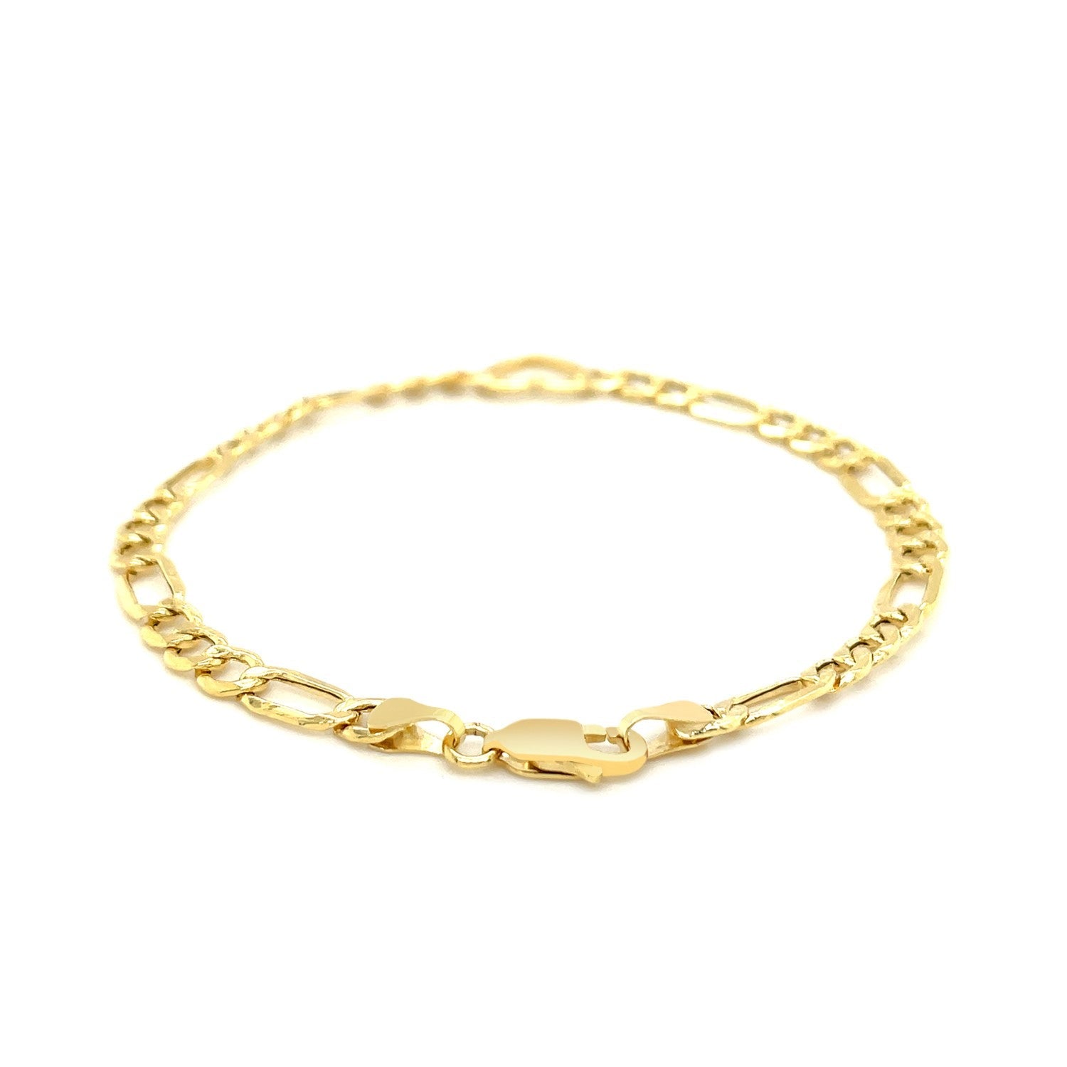 14k yellow gold Figaro chain bracelet with a heart charm, 7-inch length, elegant jewelry accessory.