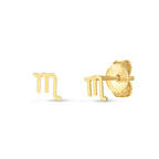 14k yellow gold Scorpio stud earrings featuring detailed zodiac charm, perfect for astrology jewelry enthusiasts.