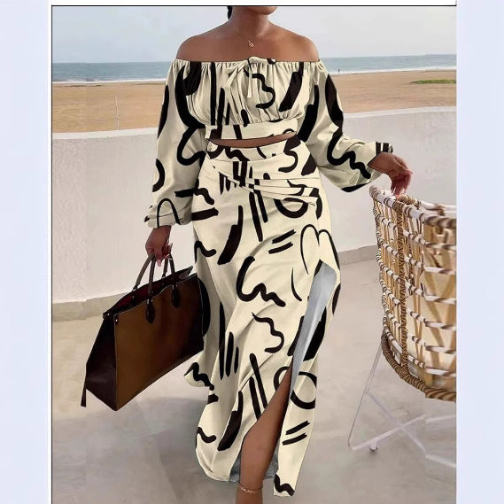 Two-piece off-shoulder top and slit skirt set by Plush Fashion Hub, stylish casual outfit with fitted tops and flowy skirt.