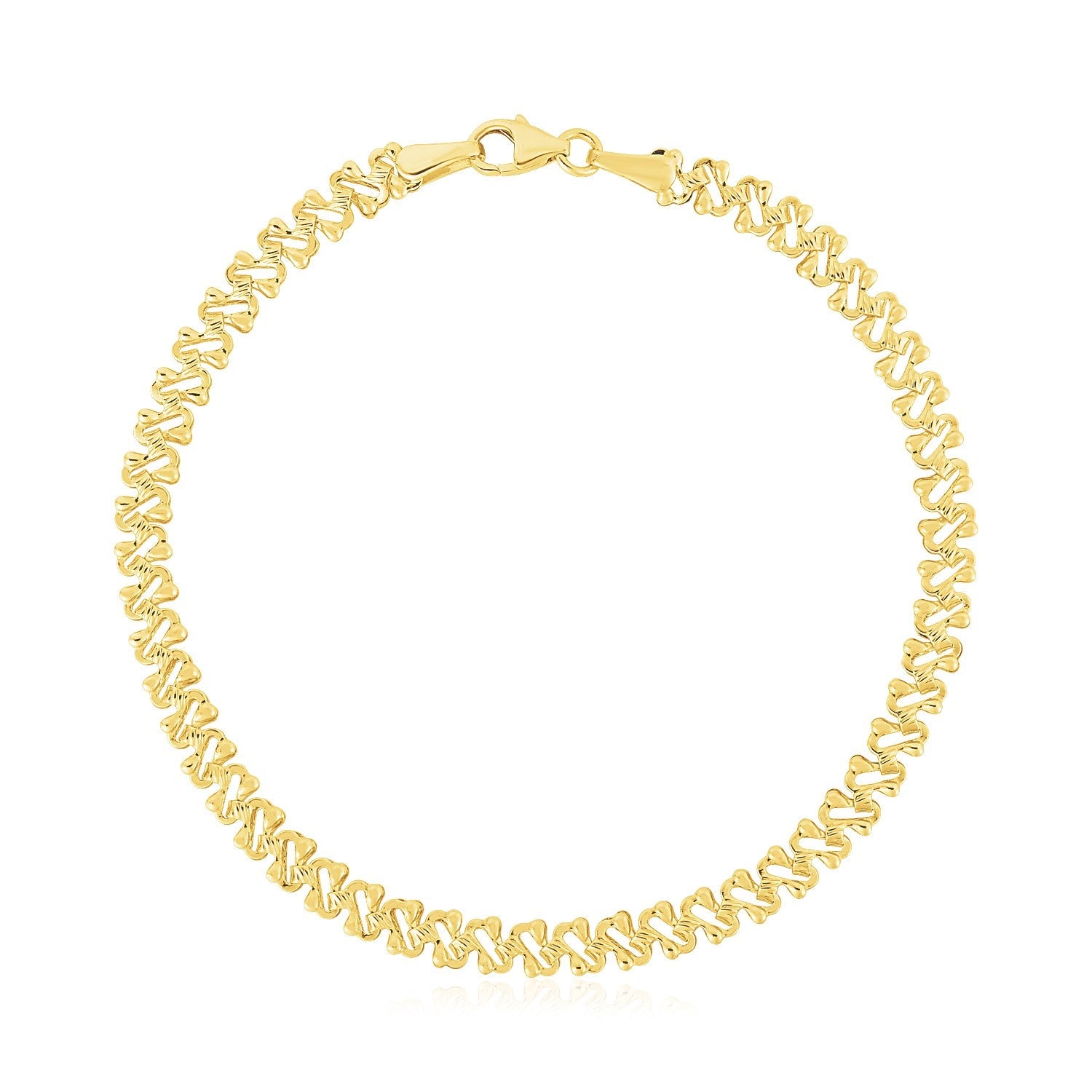 14k yellow gold textured fancy chain bracelet with a high polish finish, 4mm width, showcasing intricate link design.