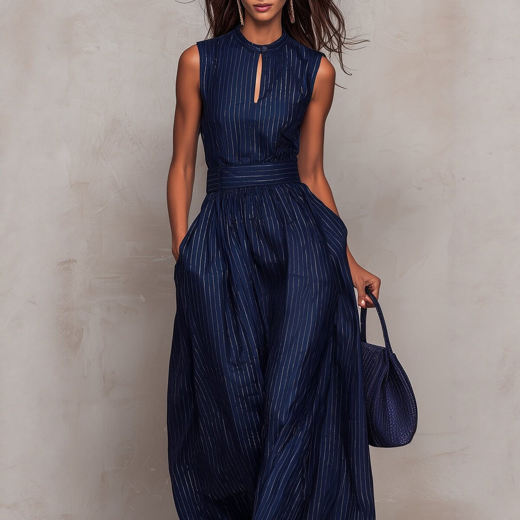 Deep Blue Striped Sleeveless Waist-Cinched Jumpsuit