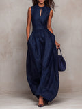 Deep Blue Striped Sleeveless Waist-Cinched Jumpsuit