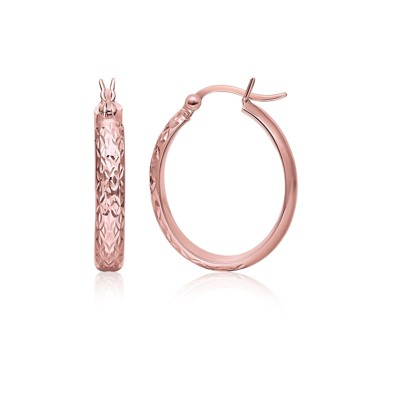 14k rose gold hammered oval hoop earrings, stylish jewelry featuring a polished finish and unique textured design.