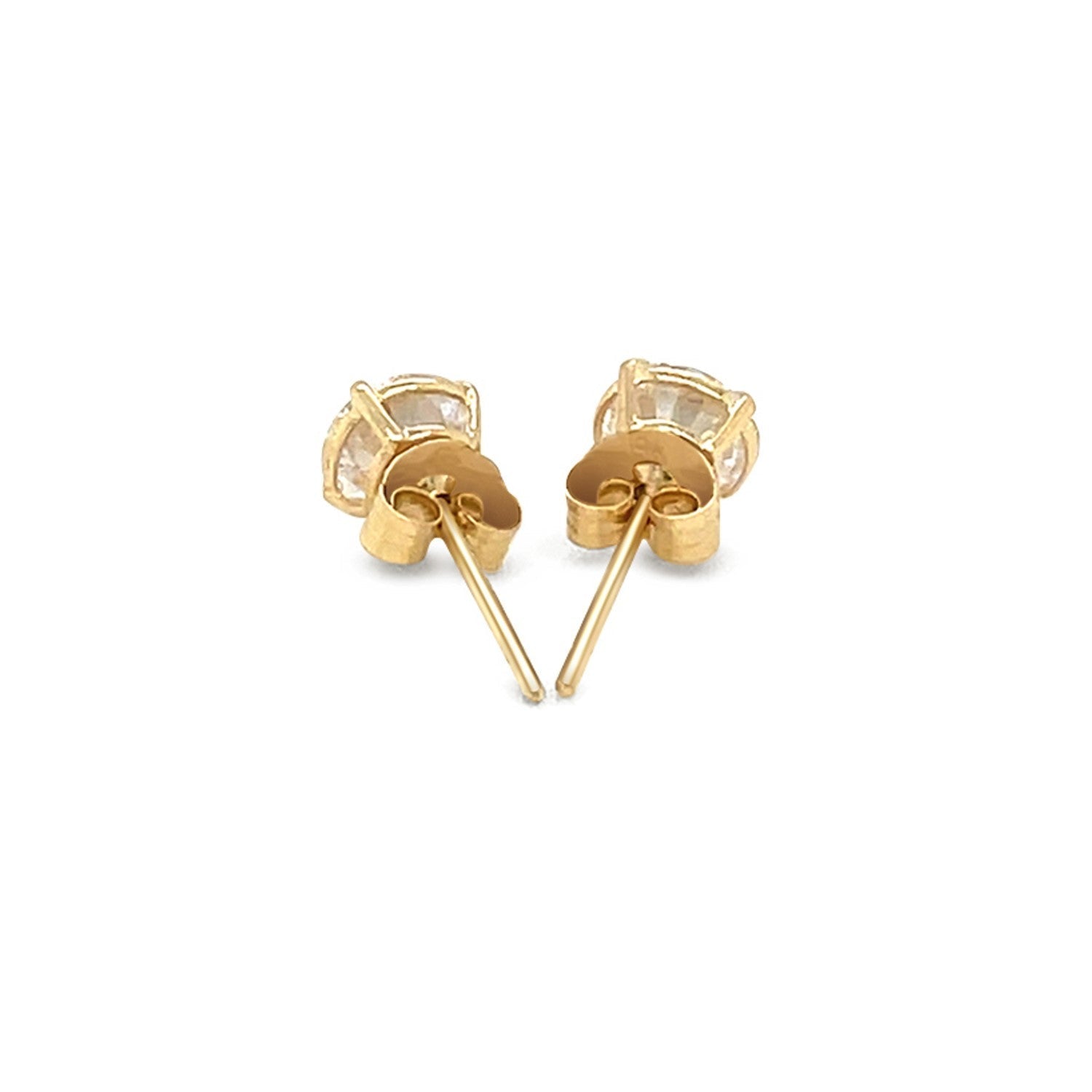 14k yellow gold stud earrings with white faceted cubic zirconia, showcasing elegant, sparkling jewelry design.