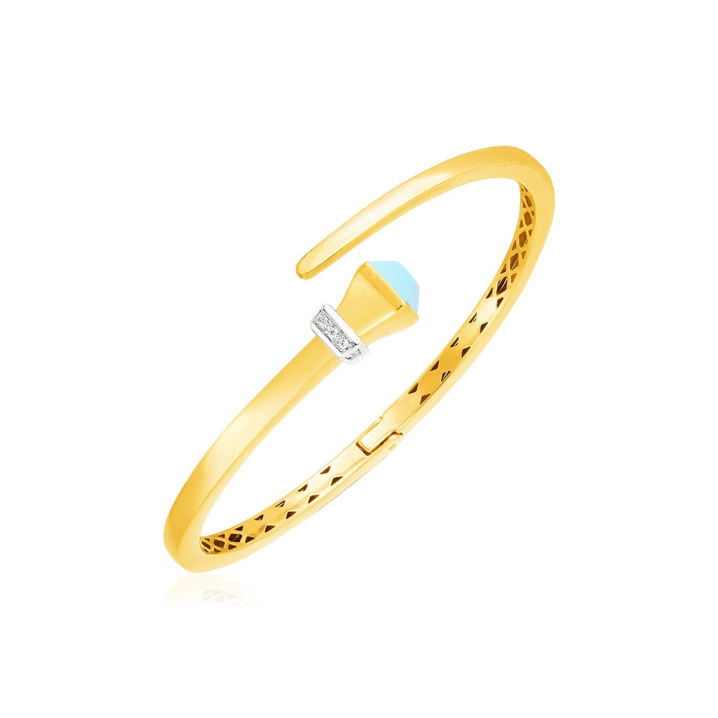 14k yellow gold crossover hinged bangle bracelet with turquoise and diamond accents, elegant jewelry piece.