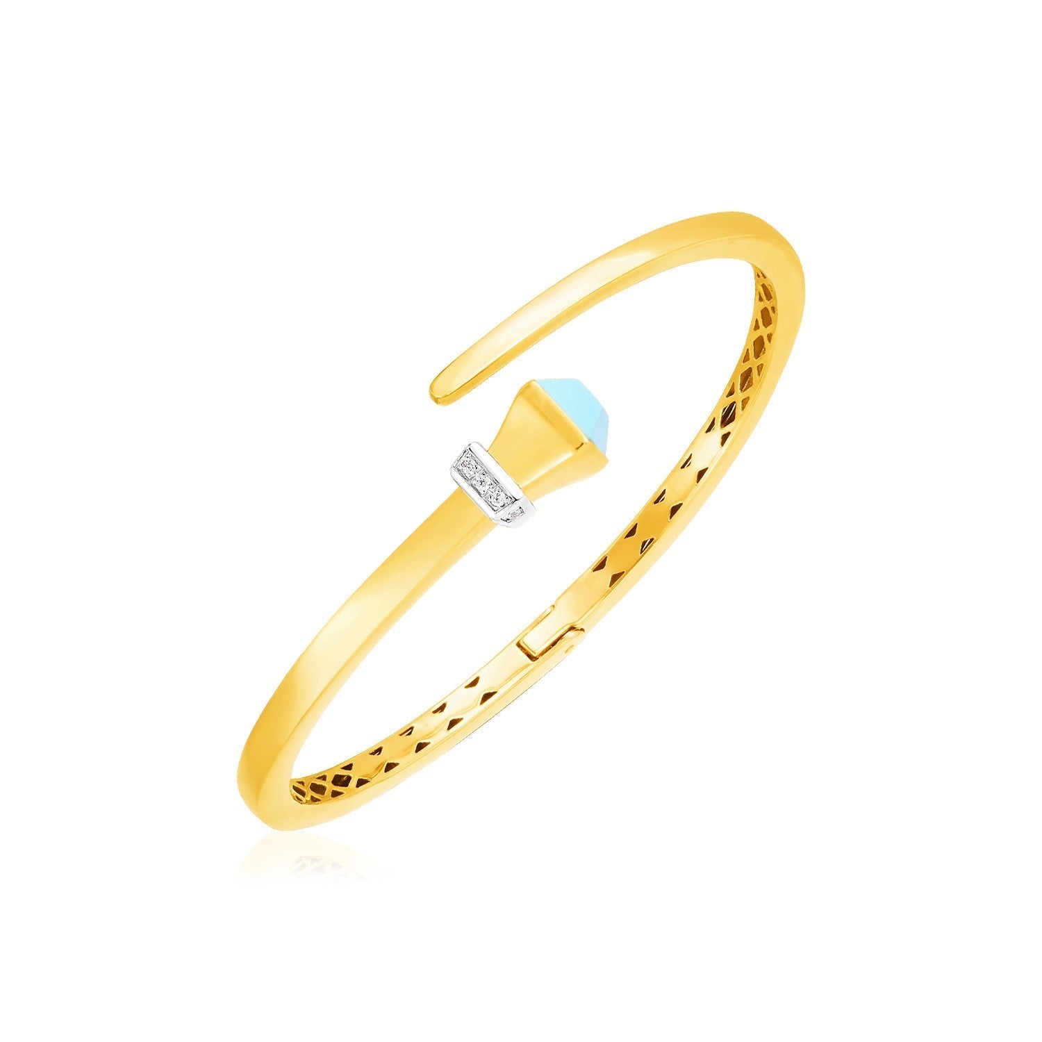 14k yellow gold crossover hinged bangle bracelet with turquoise and diamond accents, elegant jewelry piece.