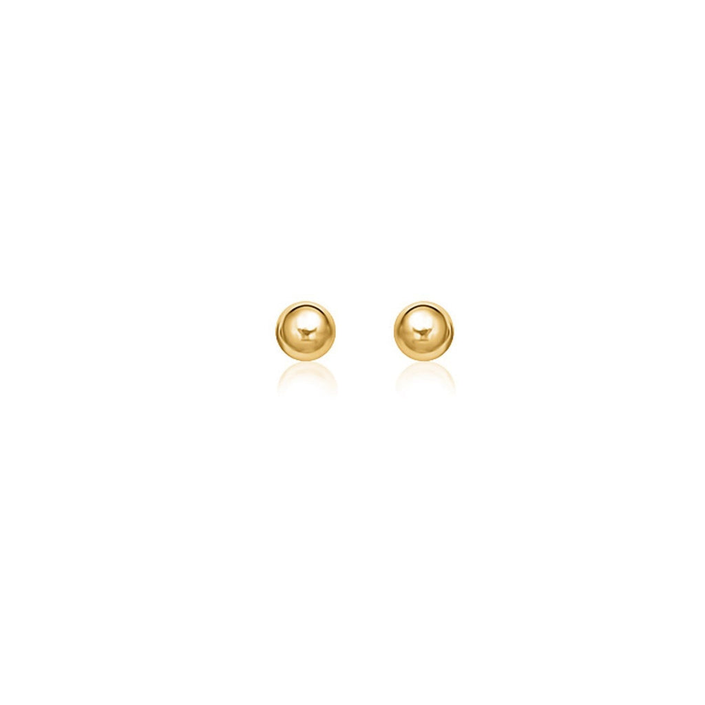 14k yellow gold round stud earrings with 5.0 mm diameter, featuring classic, polished gold spheres for elegant everyday wear
