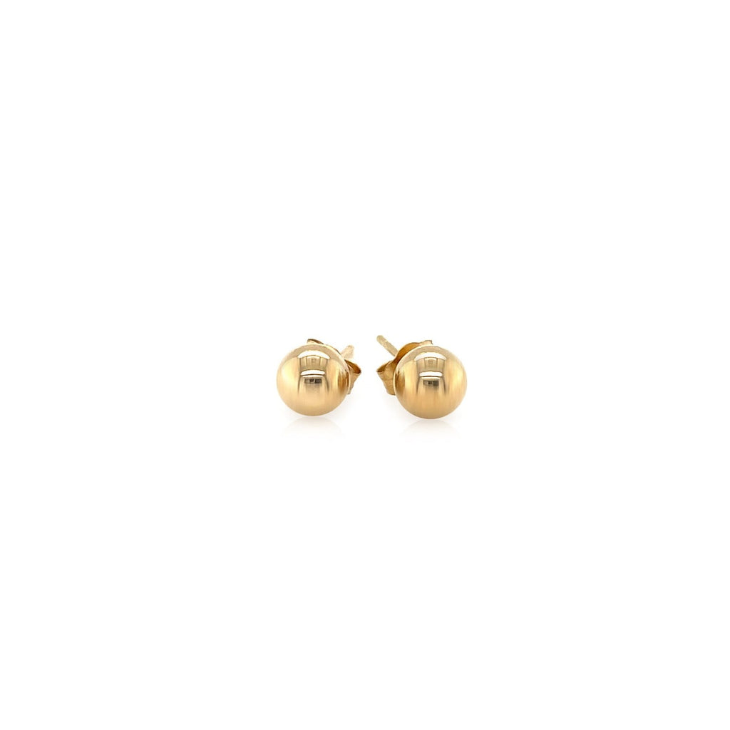 14k yellow gold round stud earrings with 5mm diameter, featuring a polished finish and classic design.
