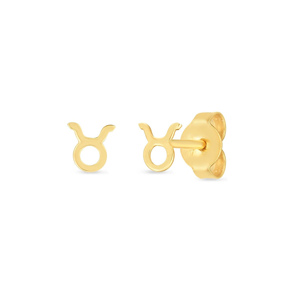 14K yellow gold Taurus stud earrings with a polished finish, featuring detailed zodiac sign design in a classic earring style.