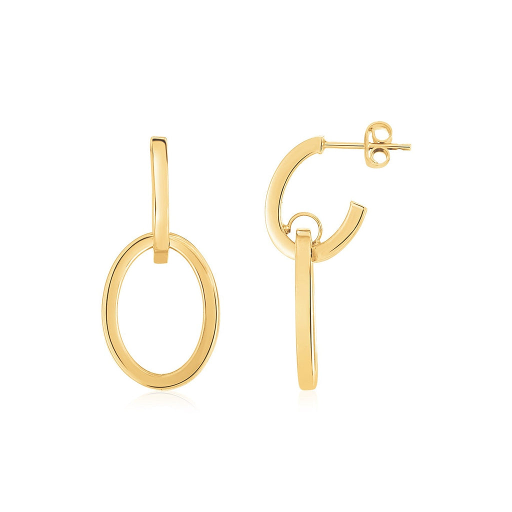 14K yellow gold interlocking drop hoop earrings with sleek, polished design, showcasing elegant jewelry style.