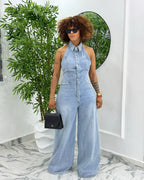 Women's Backless Washed Denim Halter Jumpsuit
