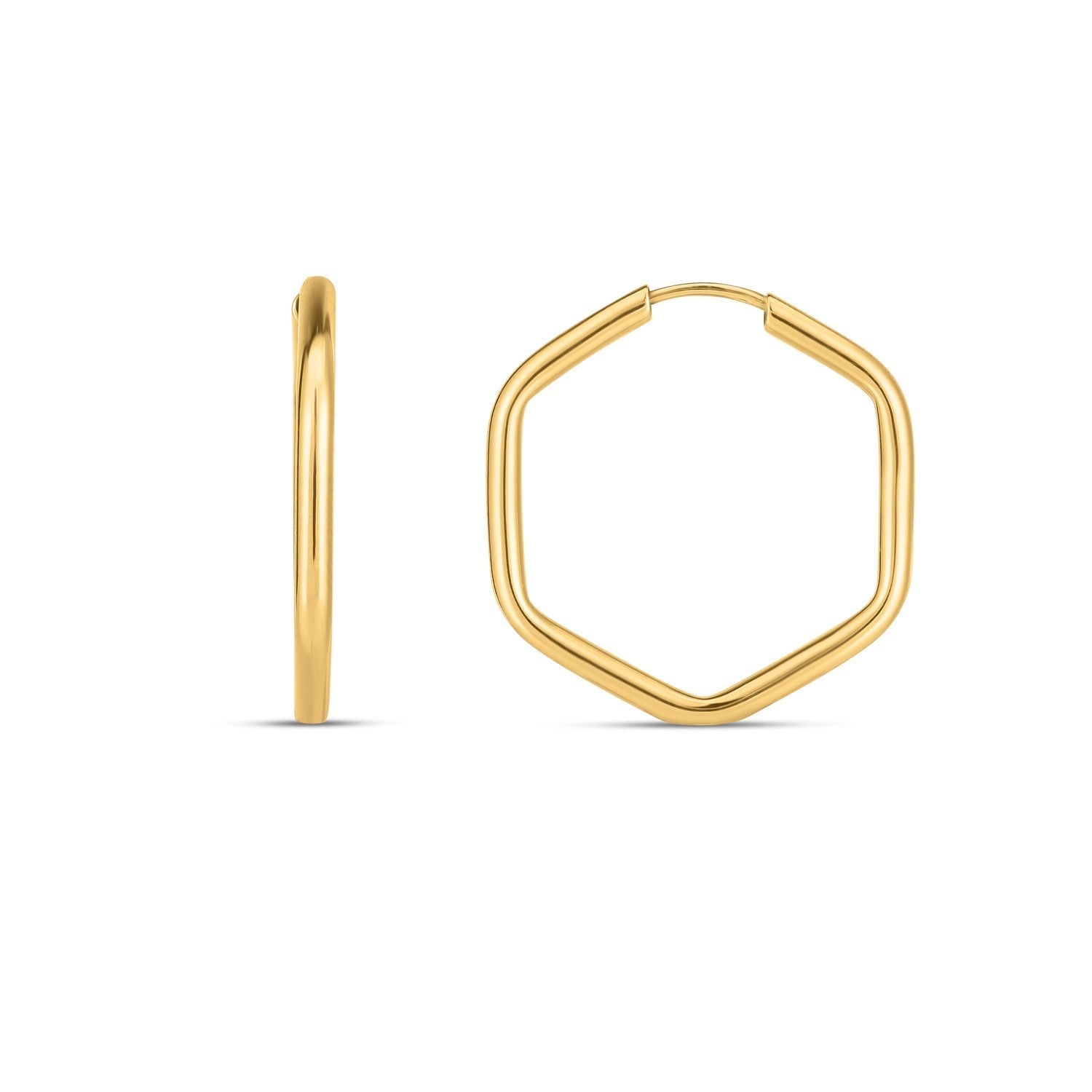 14k yellow gold endless hexagon hoop earrings, showcasing sleek geometric design and polished finish.