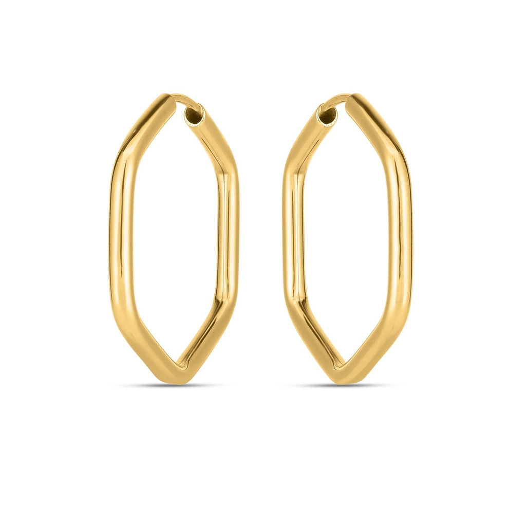 14k yellow gold endless hexagon hoop earrings, stylish jewelry with geometric design, shown in close-up image.