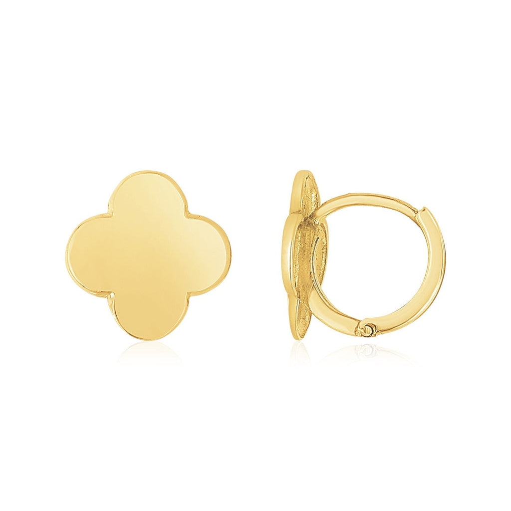 14K yellow gold polished clover stud earrings, elegant jewelry accessory with a smooth finish, suitable for everyday wear.