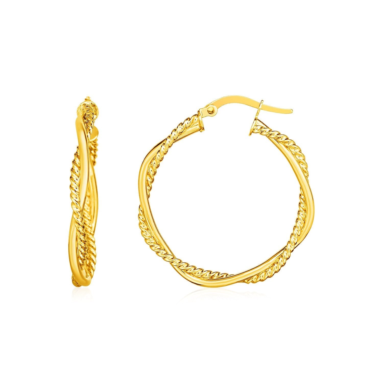 14k yellow gold twisted round hoop earrings with textured two-part design, showcasing a stylish and elegant jewelry piece.