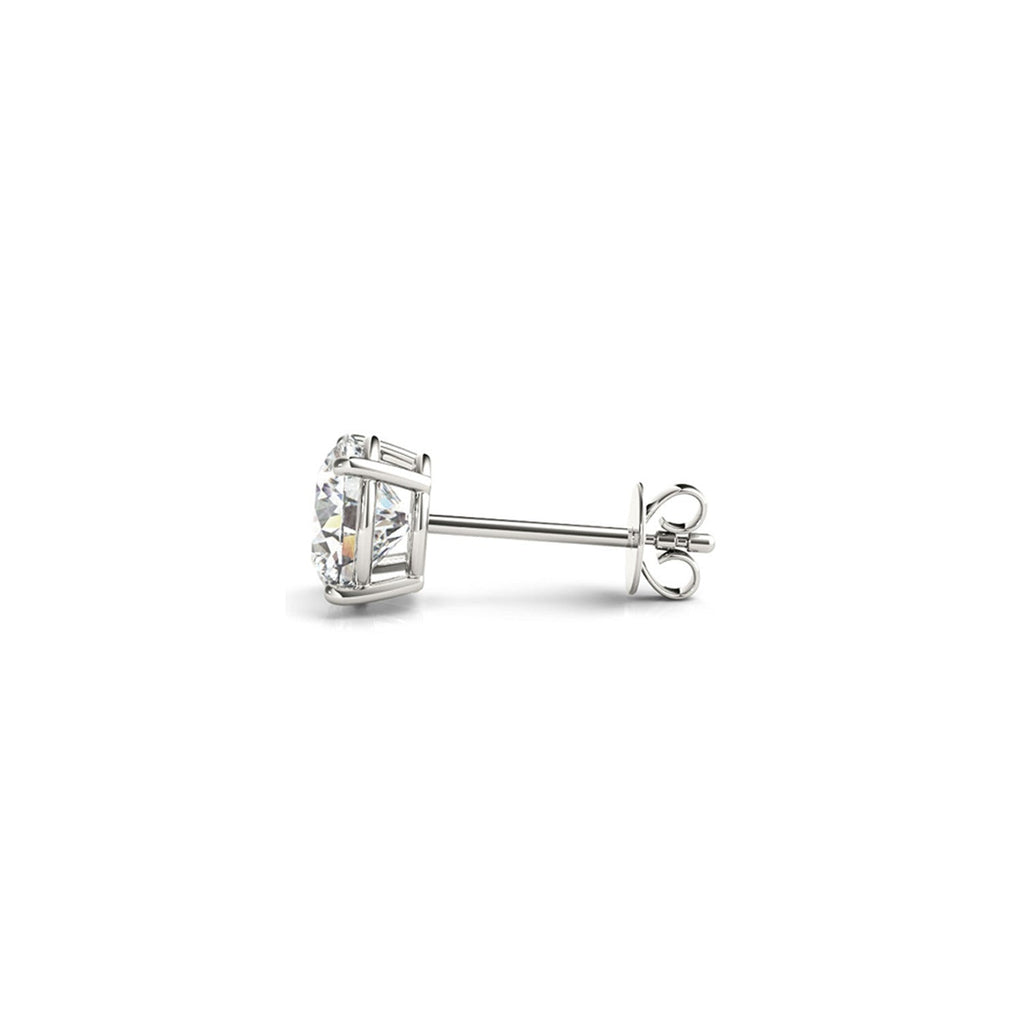 Pair of 2 cttw IGI-certified lab-grown round diamond stud earrings in 14k white gold with G/VS2 clarity.