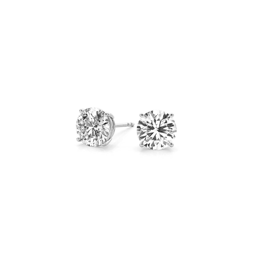 Pair of 2 cttw IGI-certified lab-grown round diamond stud earrings in 14k white gold with G/VS2 clarity.