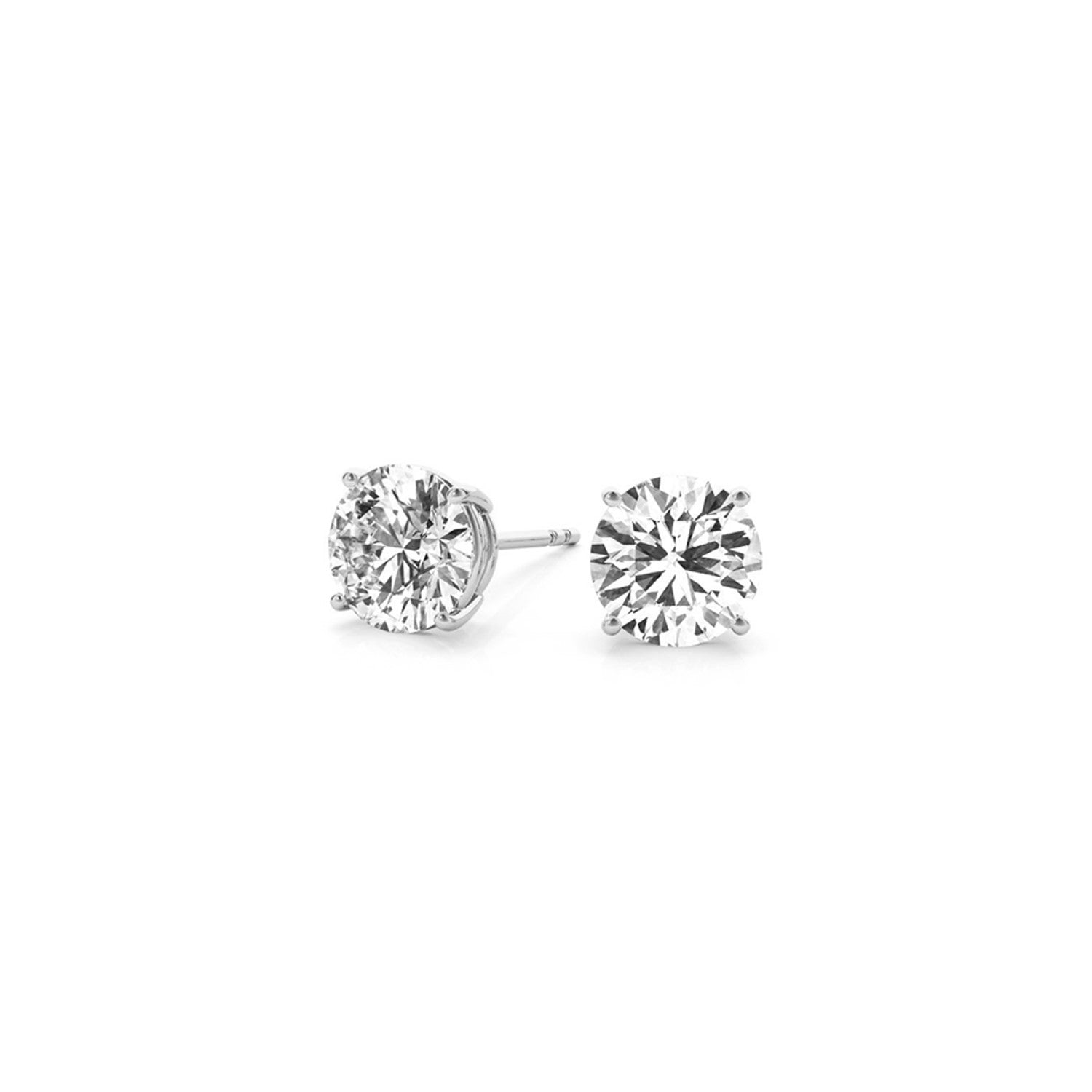 Pair of 2 cttw IGI-certified lab-grown round diamond stud earrings in 14k white gold with G/VS2 clarity.