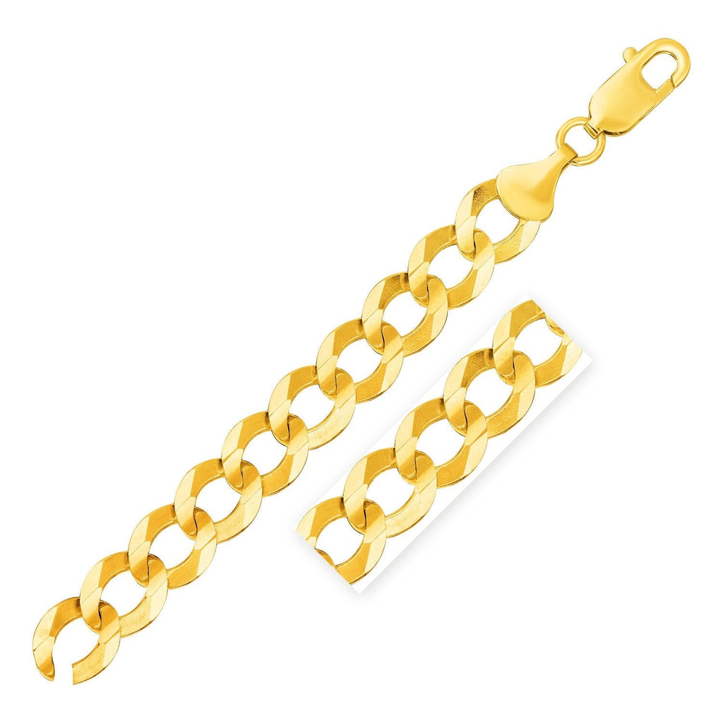 14k yellow gold solid curb bracelet with 12.18mm links, showcasing a shiny, durable jewelry piece from Bids.com.